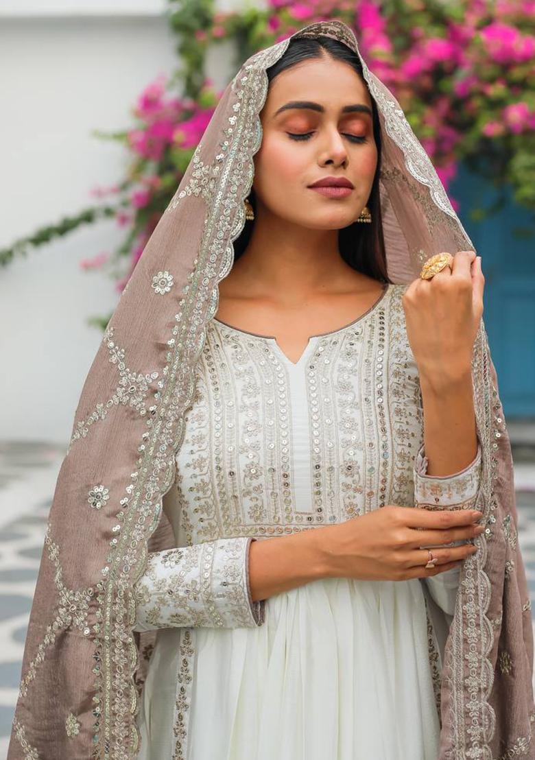 Beige Embroidered Chinon Anarkali Set