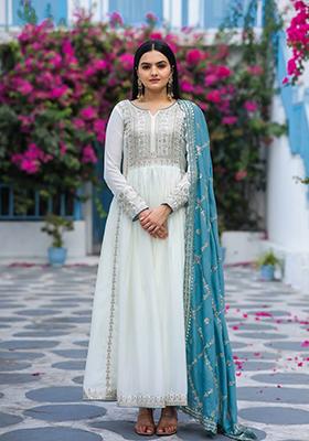 Blue Embroidered Chinon Anarkali Set