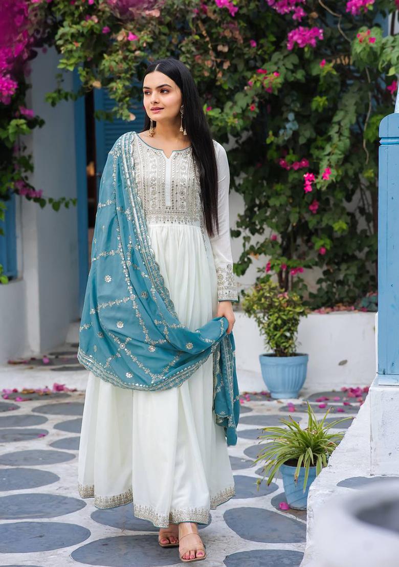 Blue Embroidered Chinon Anarkali Set