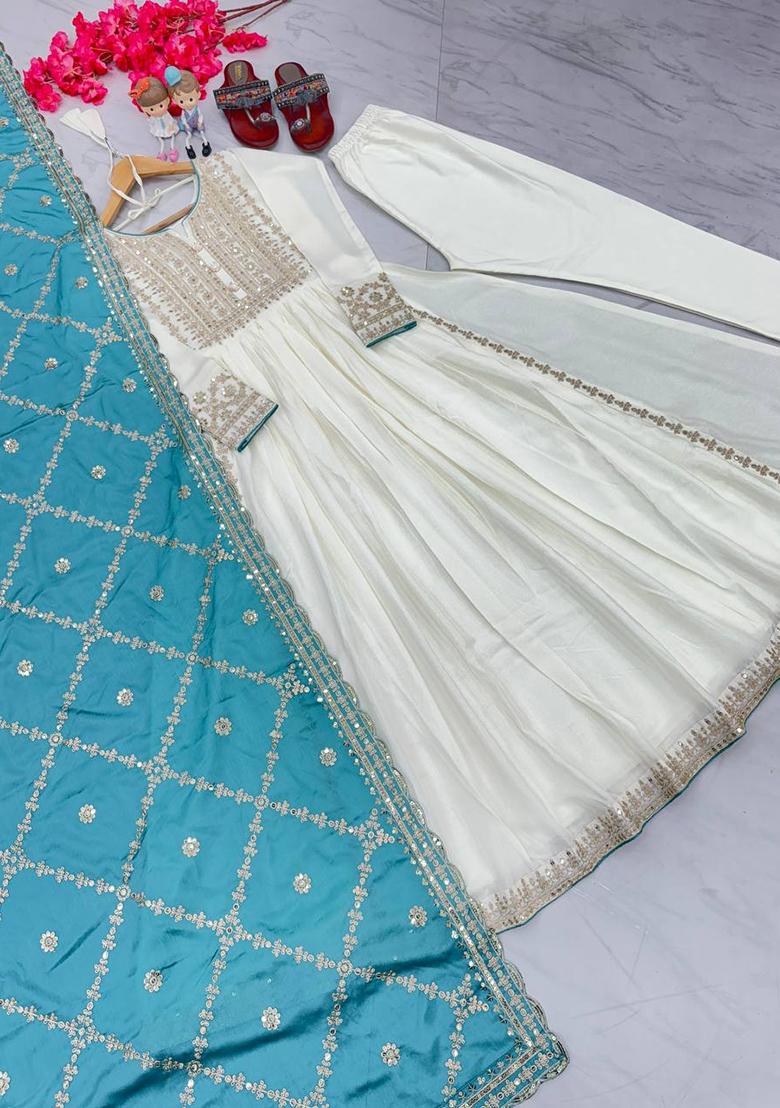 Blue Embroidered Chinon Anarkali Set