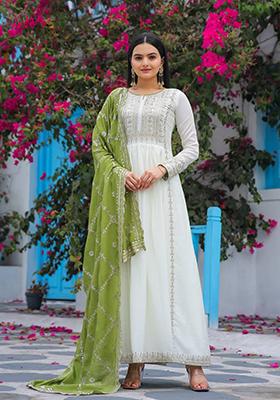 Green Embroidered Chinon Anarkali Set