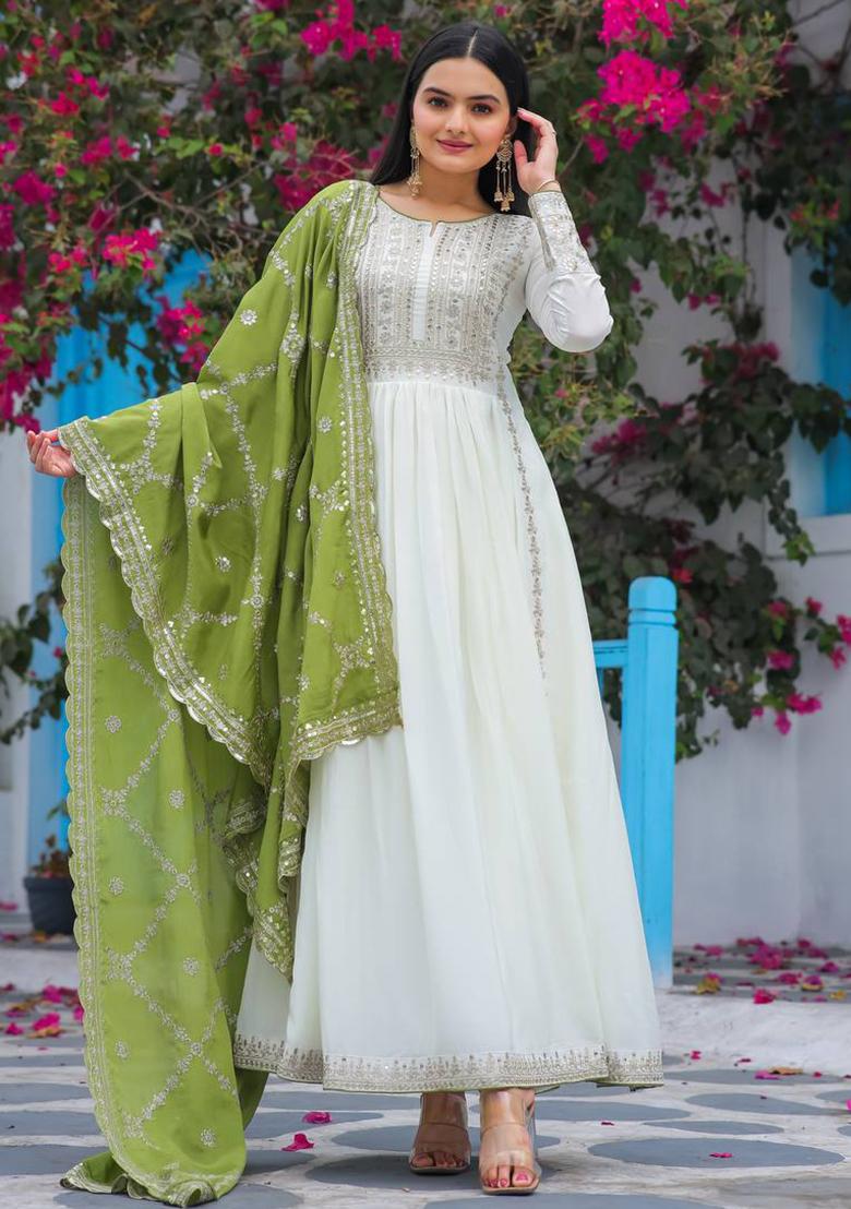 Green Embroidered Chinon Anarkali Set