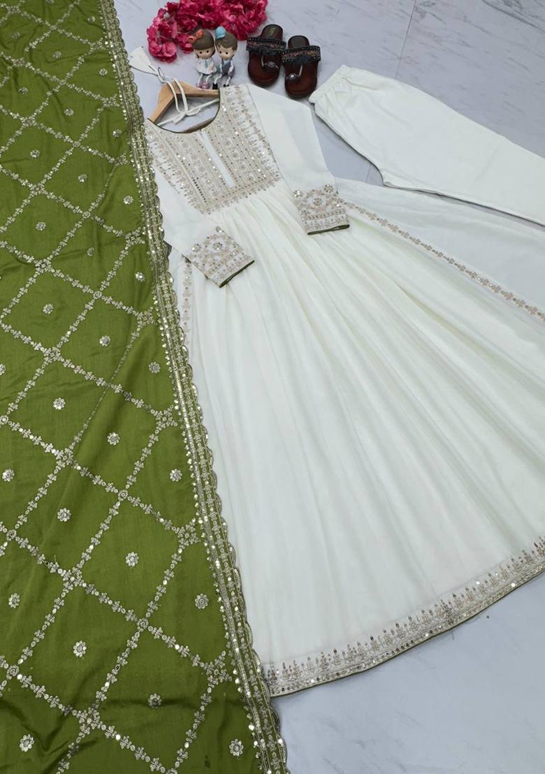 Green Embroidered Chinon Anarkali Set