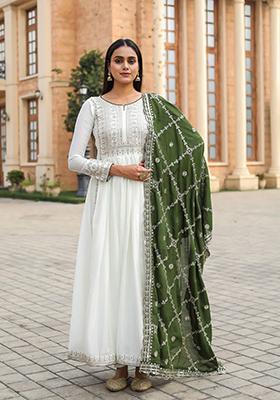Olive Green Embroidered Chinon Anarkali Set