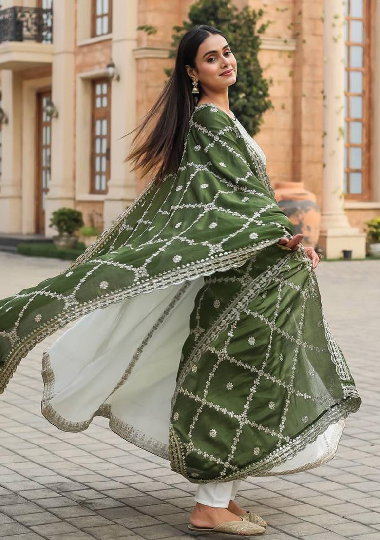 Olive Green Embroidered Chinon Anarkali Set