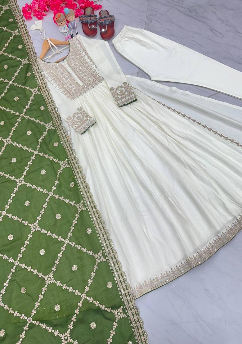 Olive Green Embroidered Chinon Anarkali Set