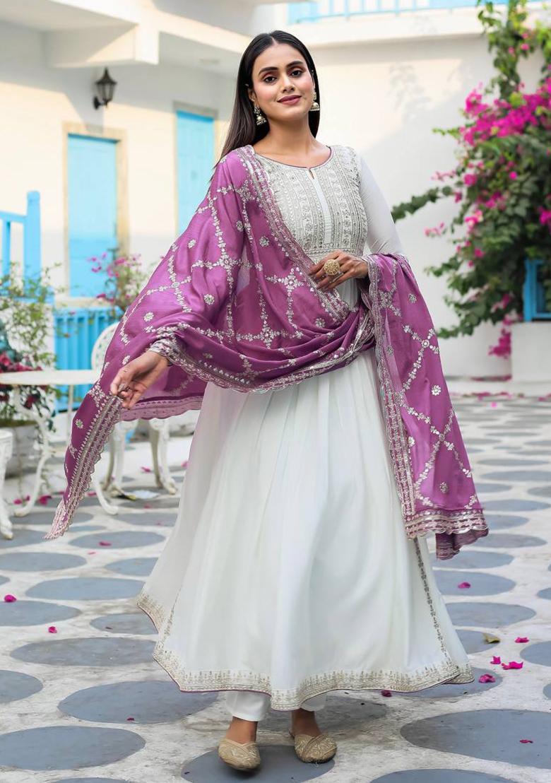 Pink Embroidered Chinon Anarkali Set