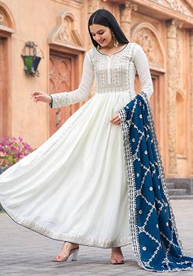 Teal Blue Embroidered Chinon Anarkali Set