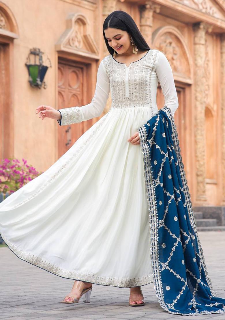 Teal Blue Embroidered Chinon Anarkali Set