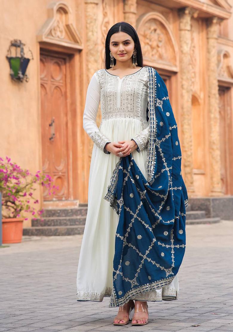 Teal Blue Embroidered Chinon Anarkali Set