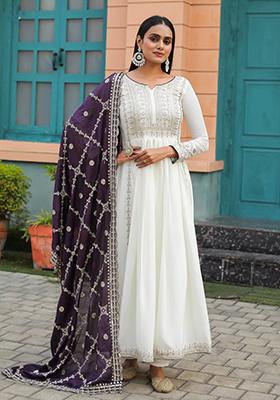 Wine Embroidered Chinon Anarkali Set