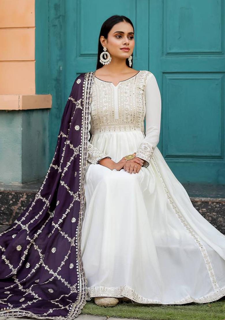 Wine Embroidered Chinon Anarkali Set