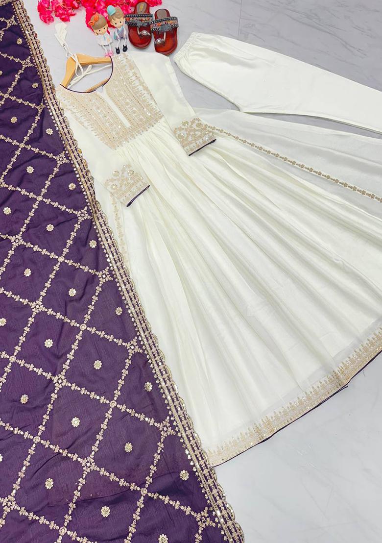 Wine Embroidered Chinon Anarkali Set