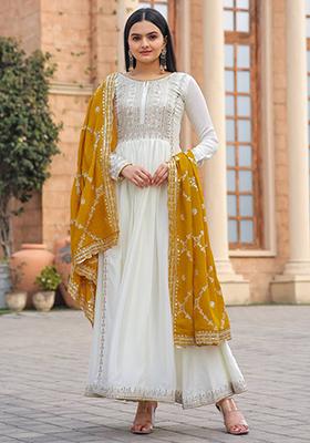 Yellow Embroidered Chinon Anarkali Set