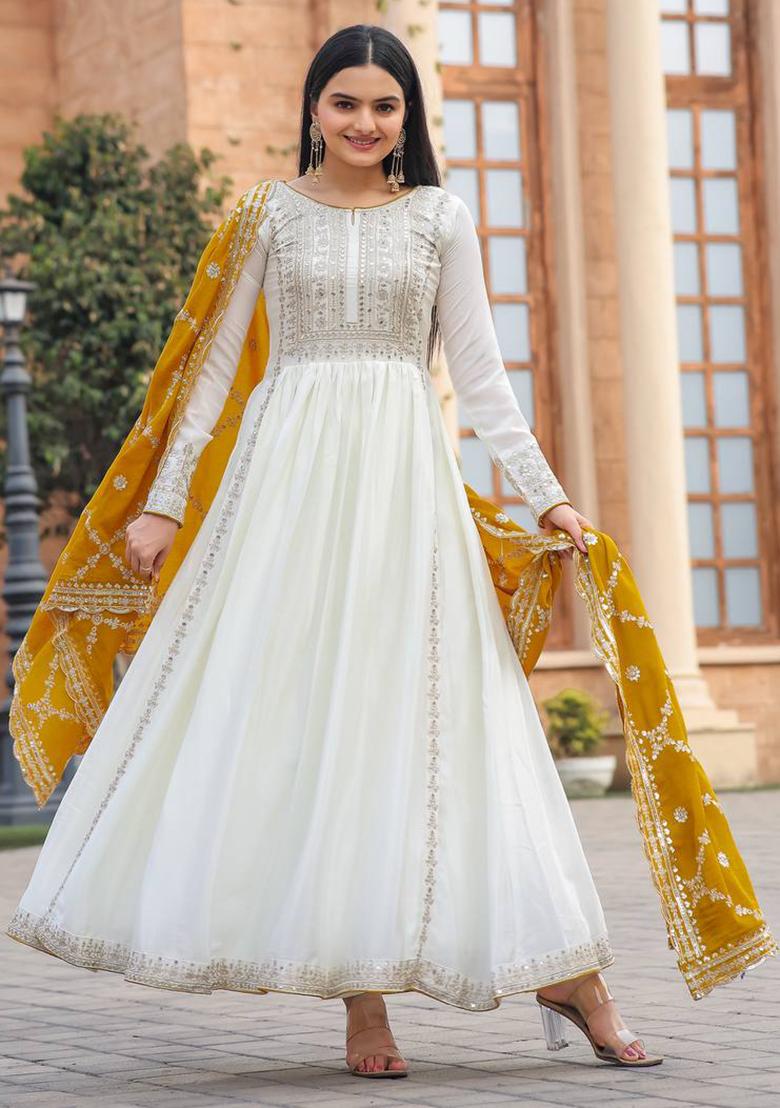 Yellow Embroidered Chinon Anarkali Set