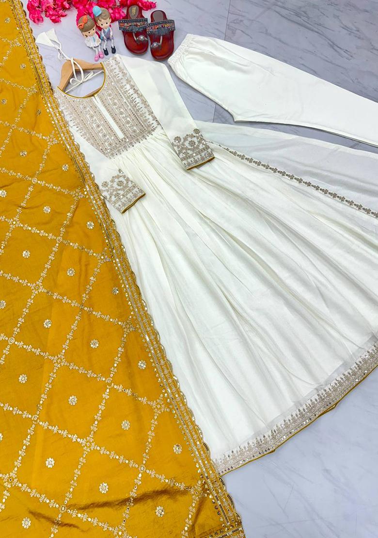 Yellow Embroidered Chinon Anarkali Set
