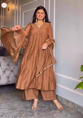 Brown Embroidered Chinon Anarkali Set