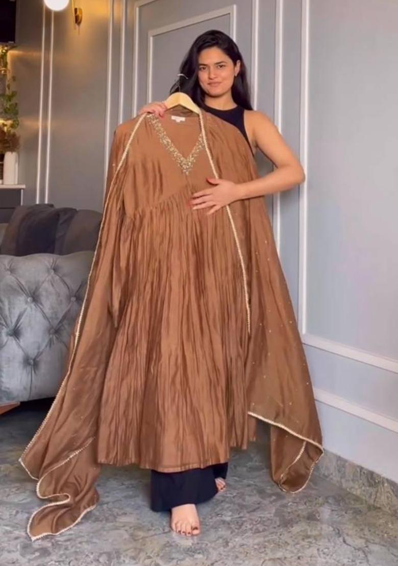 Brown Embroidered Chinon Anarkali Set
