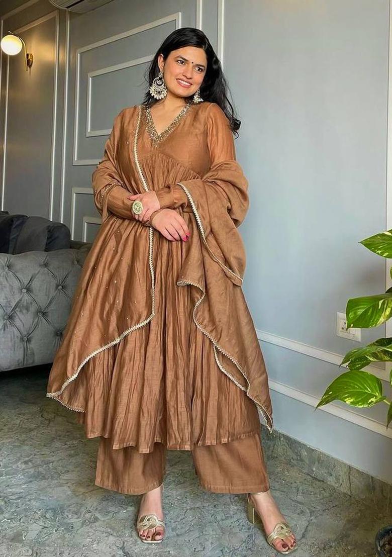 Brown Embroidered Chinon Anarkali Set