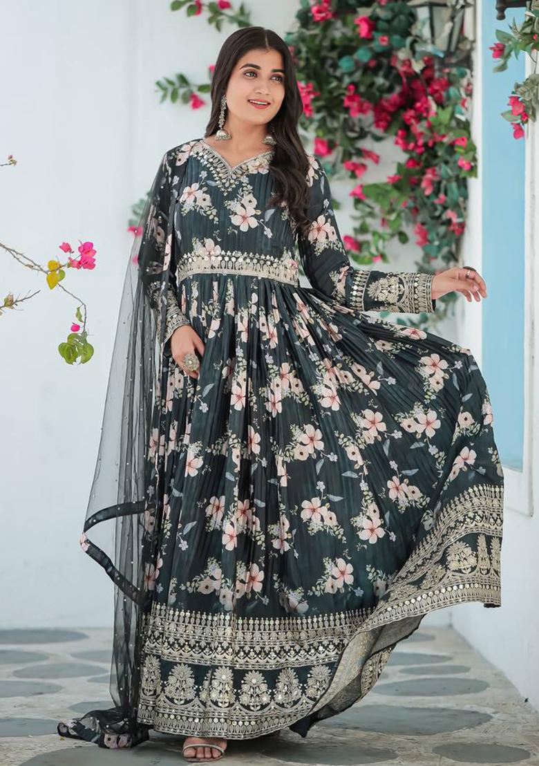 Black Embroidered Chinon Anarkali Set