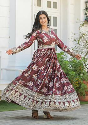Brown Embroidered Chinon Anarkali Set