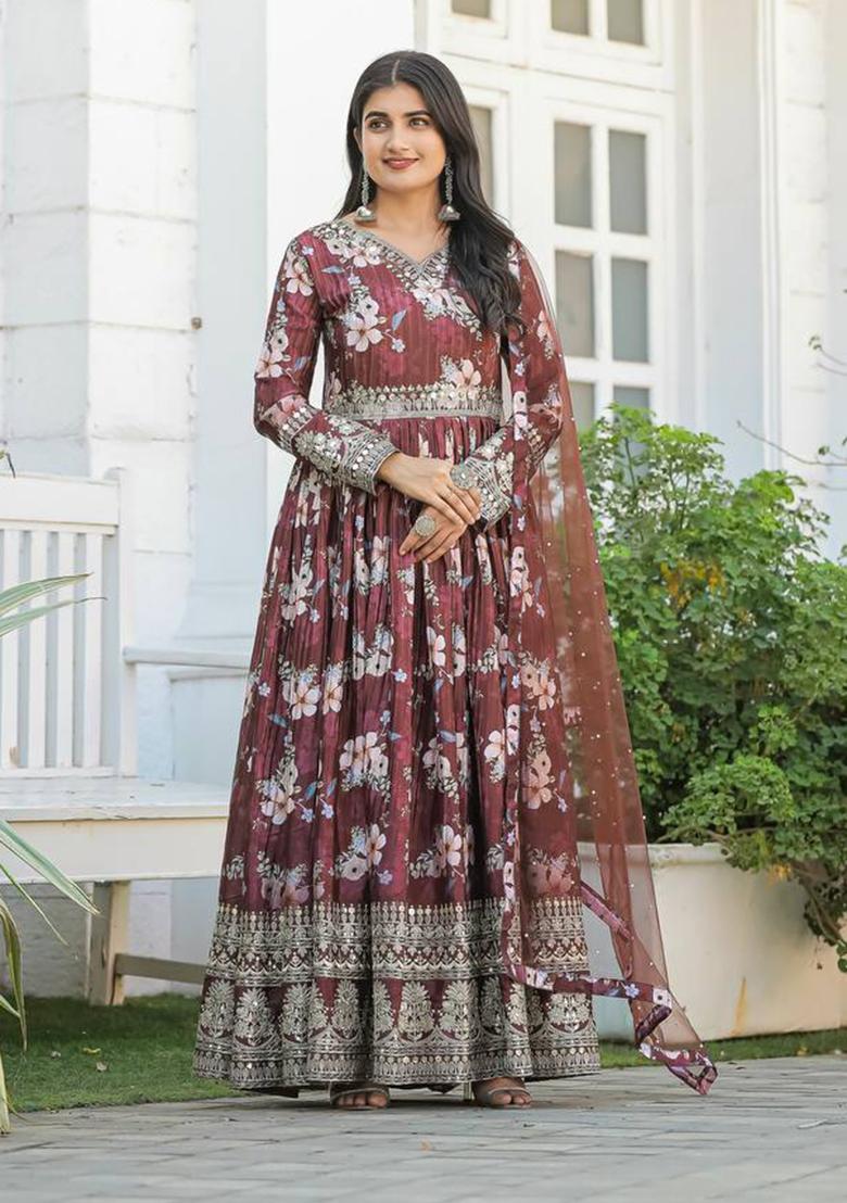 Brown Embroidered Chinon Anarkali Set