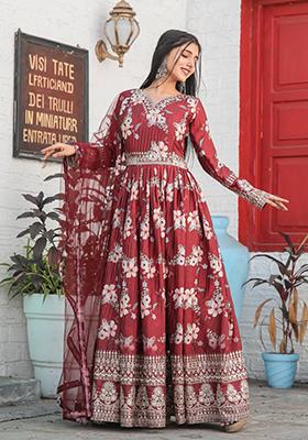 Maroon Embroidered Chinon Anarkali Set