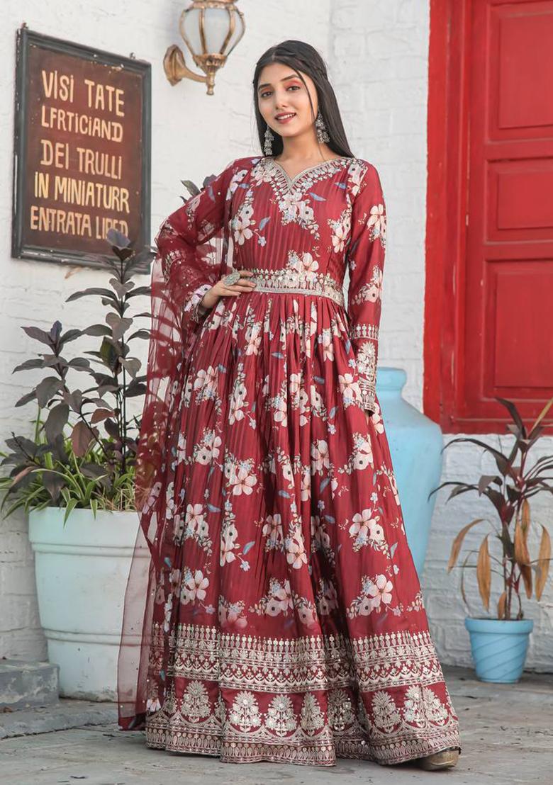 Maroon Embroidered Chinon Anarkali Set