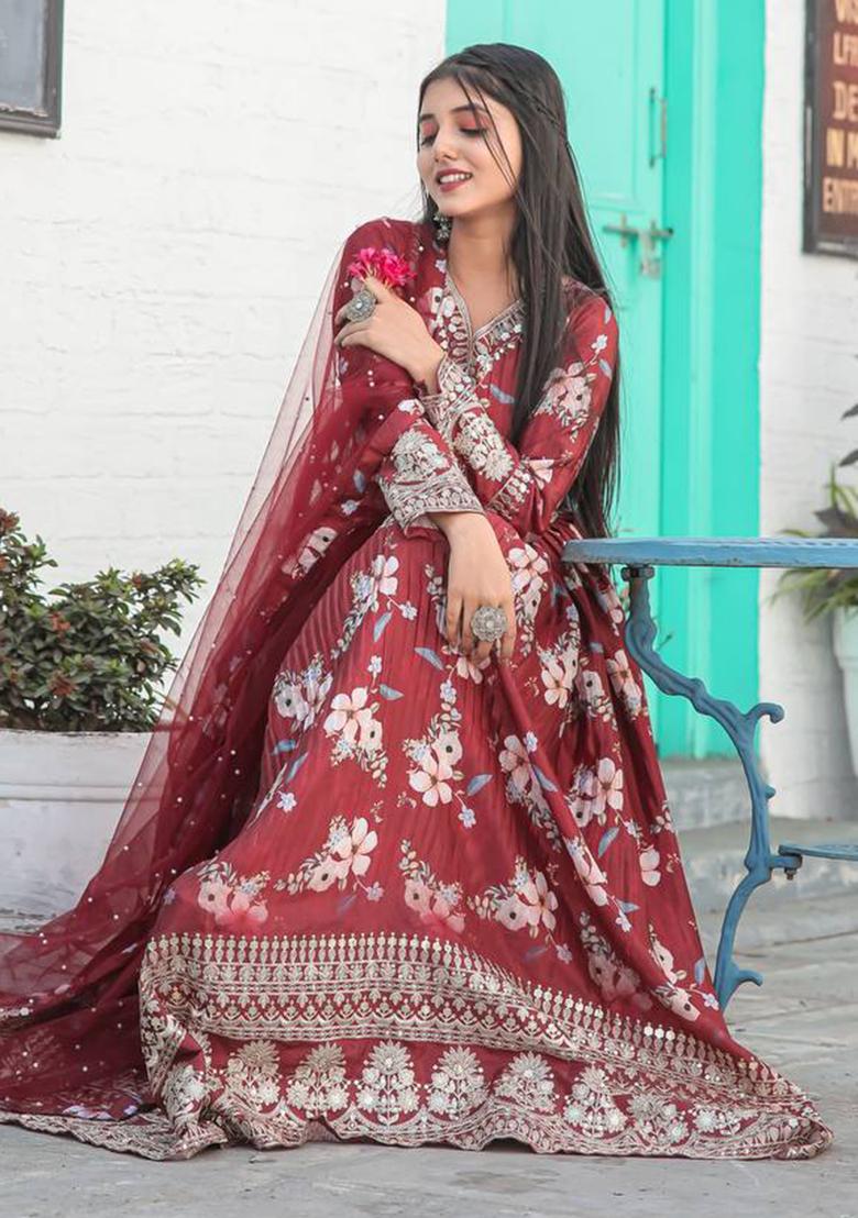 Maroon Embroidered Chinon Anarkali Set