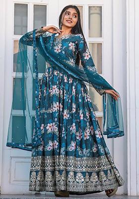 Navy Blue Embroidered Chinon Anarkali Set