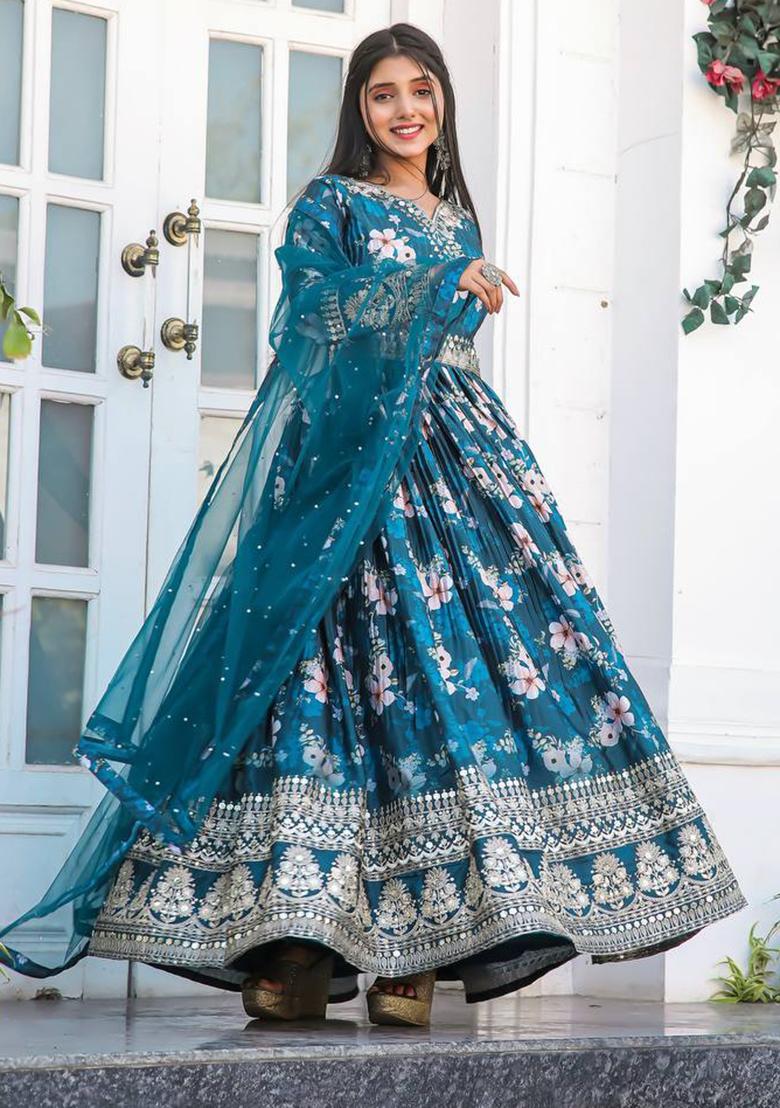 Navy Blue Embroidered Chinon Anarkali Set