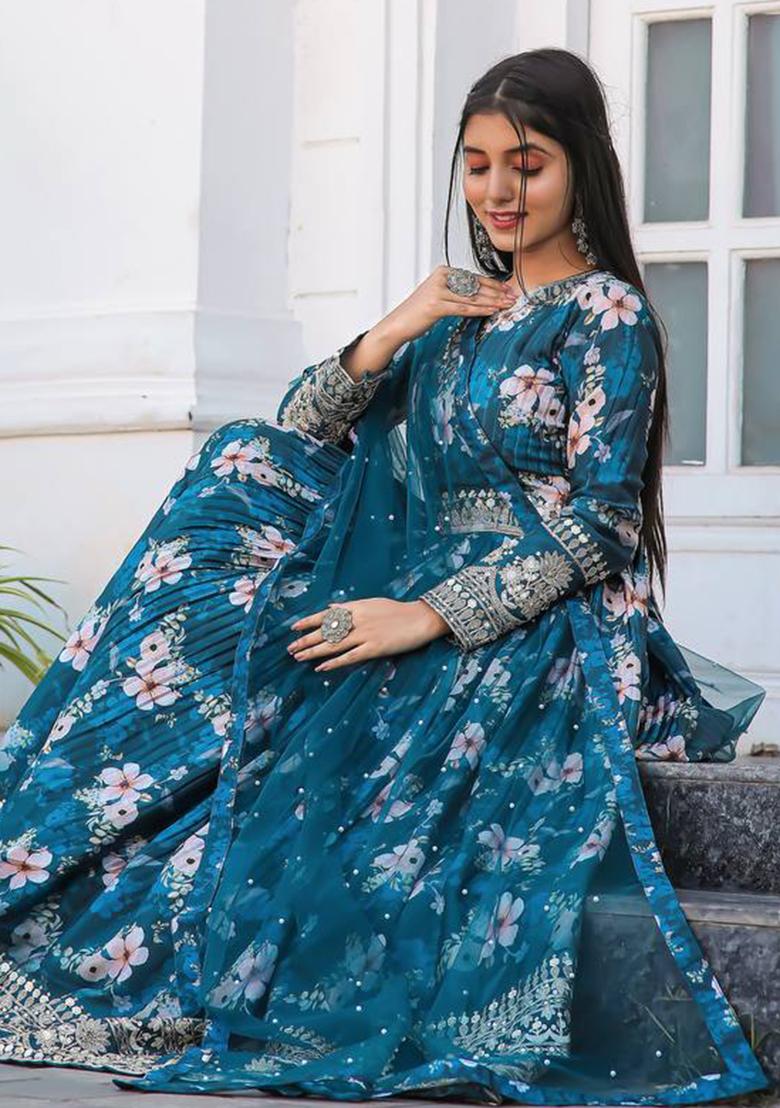 Navy Blue Embroidered Chinon Anarkali Set