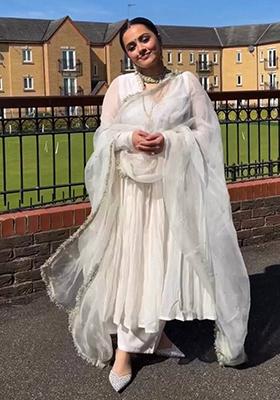 Off White Embroidered Georgette Anarkali Set