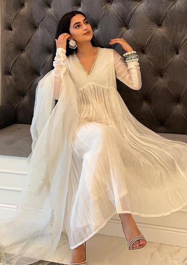 Off White Embroidered Georgette Anarkali Set