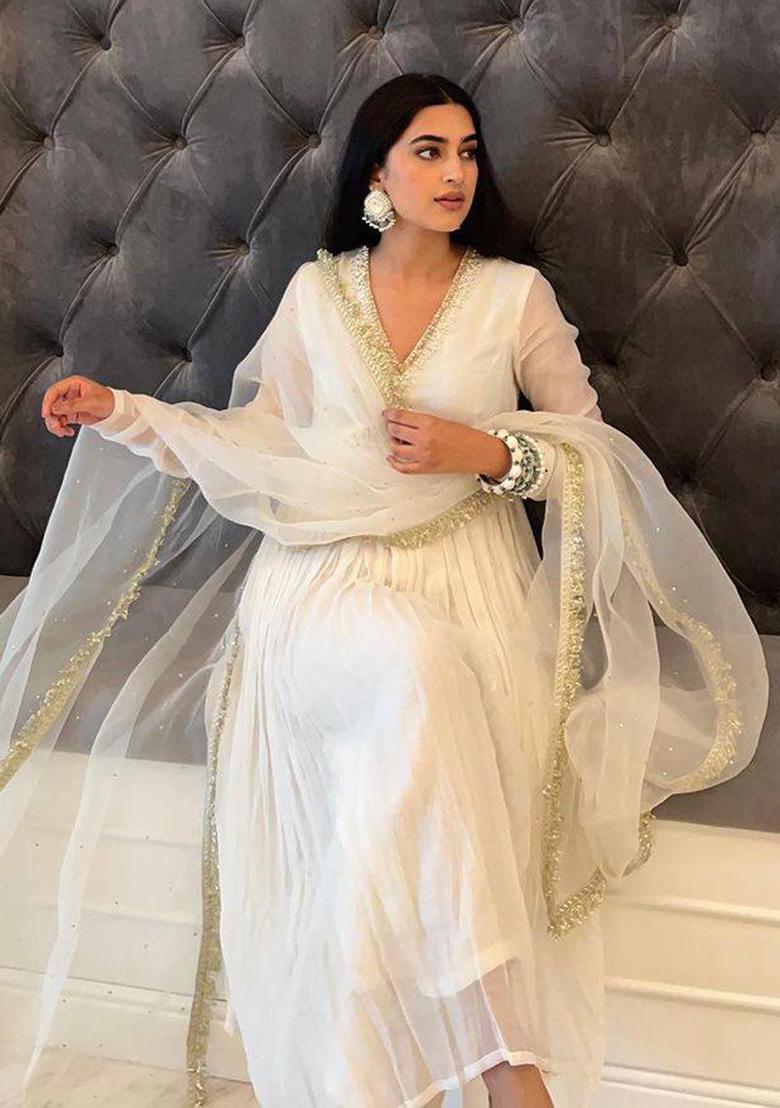 Off White Embroidered Georgette Anarkali Set