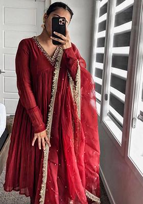 Red Embroidered Georgette Anarkali Set