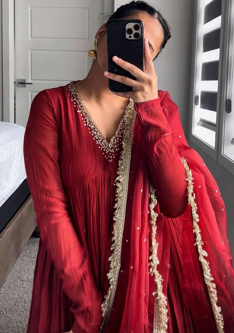 Red Embroidered Georgette Anarkali Set
