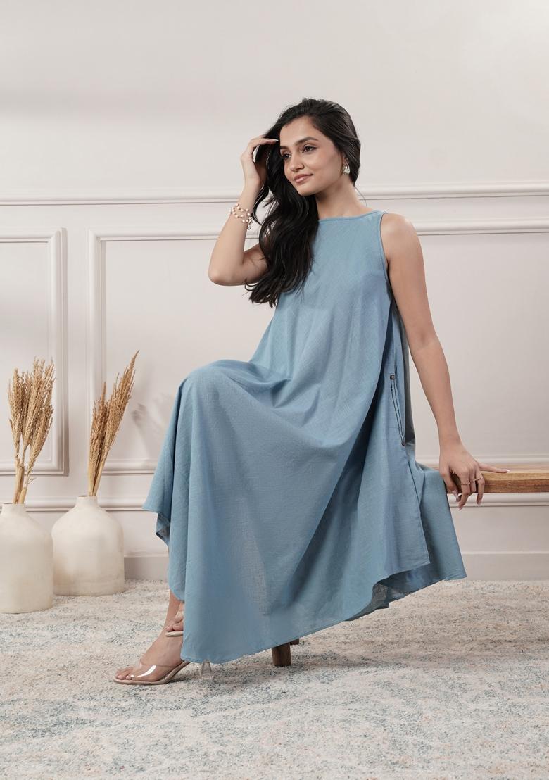 Smoke Blue Solid Cotton Dress