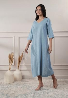 Smoke Blue Solid Cotton Dress