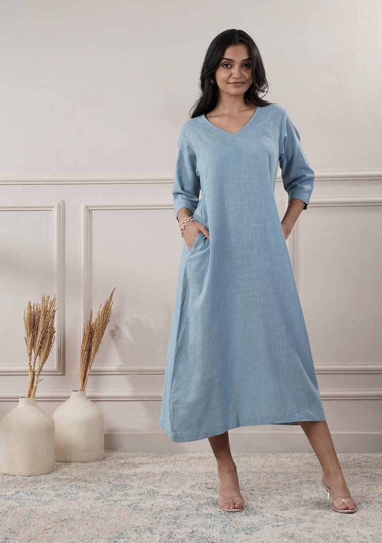Smoke Blue Solid Cotton Dress