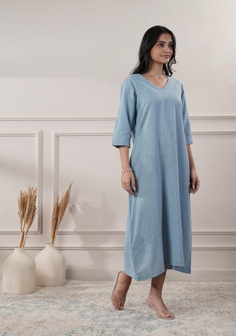 Smoke Blue Solid Cotton Dress