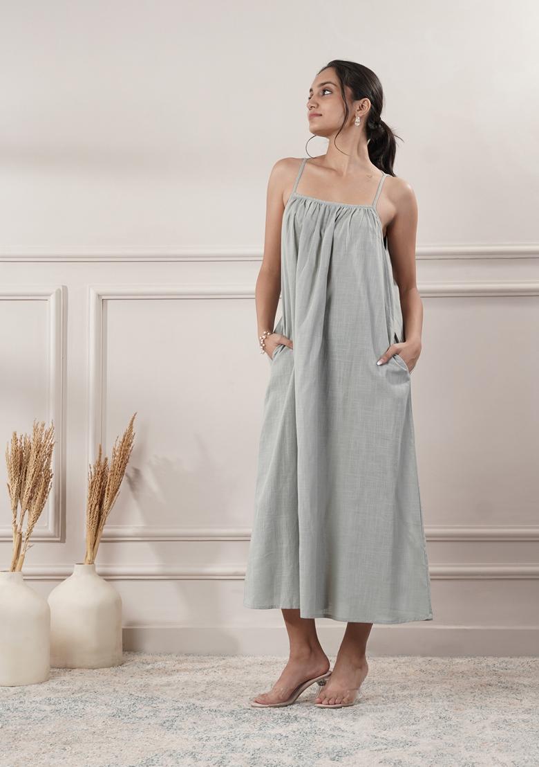 Grey Solid Cotton Dress