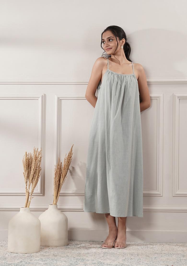 Grey Solid Cotton Dress