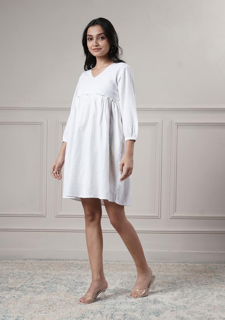 White Solid Cotton Dress