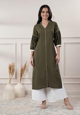 Khakhi Green Solid Cotton Dress