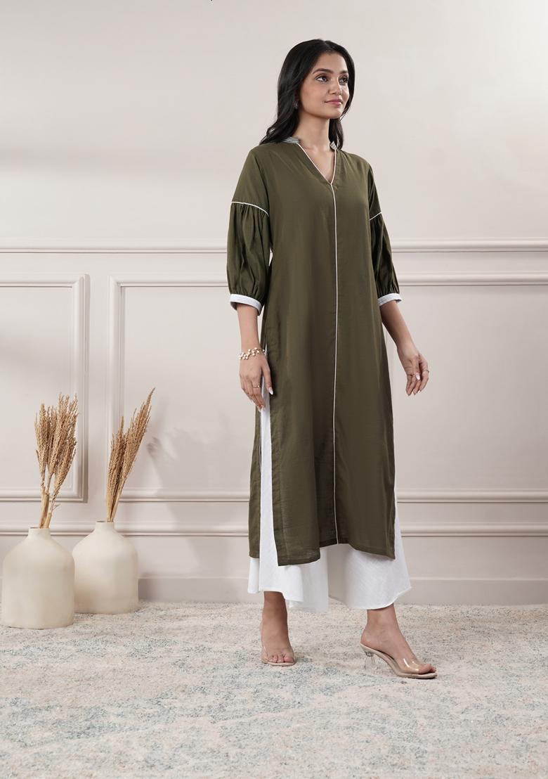 Khakhi Green Solid Cotton Dress