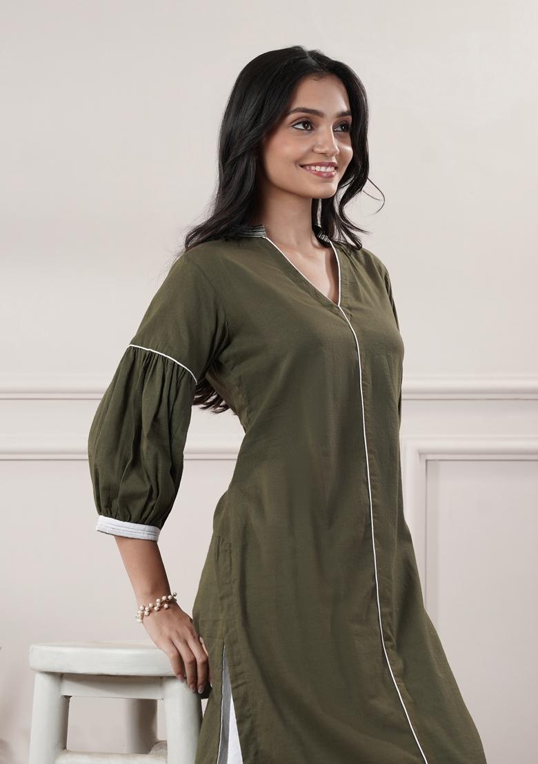 Khakhi Green Solid Cotton Dress