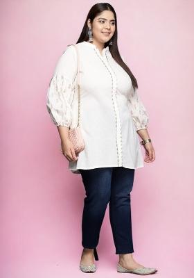 White Abstract Print Cotton Short Kurtra