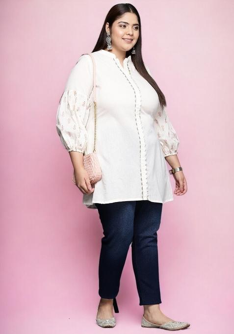 White Abstract Print Cotton Short Kurtra