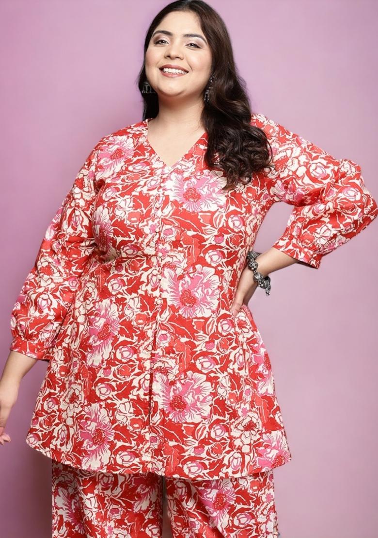 Red Abstract Print Cotton Short Kurtra